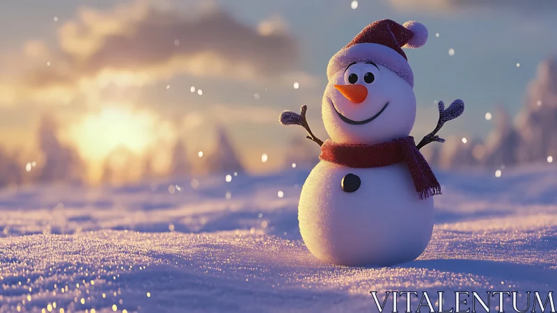 Joyful snowman smiles under a glowing winter sunset sky