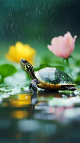 Photorealistic turtle study in rain with floral bokeh field.