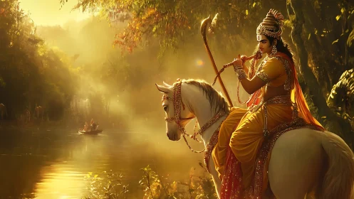 Decorated rider on white horse near river in golden light