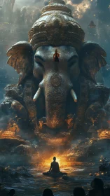 Colossal Ganesh monument above meditating figure in firelit mist.