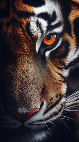 Close tiger portrait with intense orange eye in shadowed light.