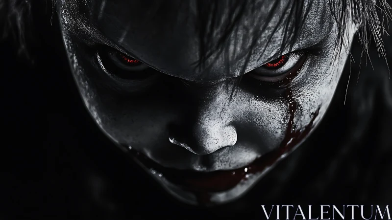 Sinister demonic child close-up with glowing red eyes.
