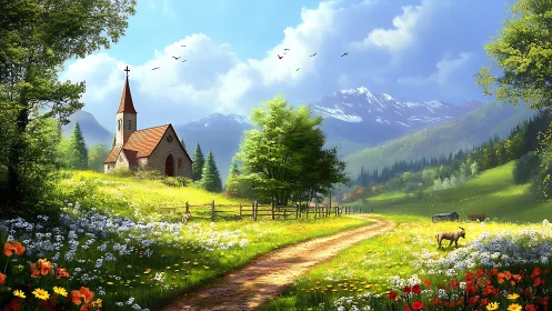 Rural church and mountain valley are depicted in sunlight