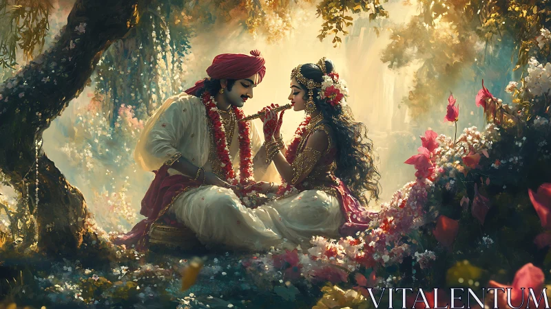 Indian Couple Adorned in Floral Wedding Garlands Under Golden Light