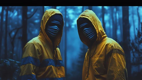 Masked figures in yellow hoodies within blue fog forest.