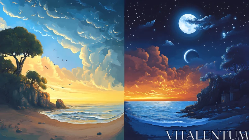 Twin coastal horizons trade sunlight and moonfire in harmony.