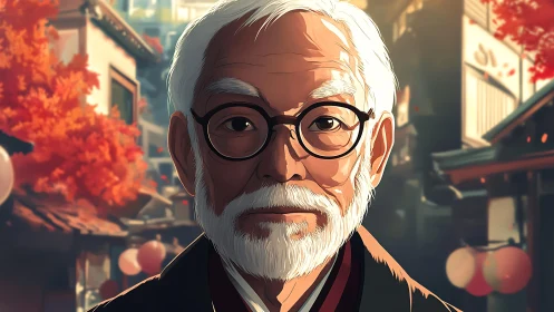 Elderly man with glasses in warm autumn street scene.