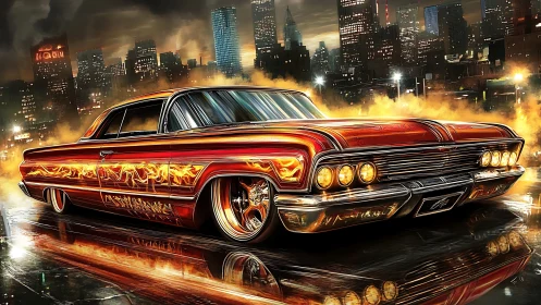 Flame-detailed lowrider coupe under neon-lit urban skyline.