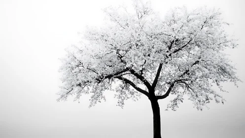 Solitary blooming tree in stark white minimalist landscape.