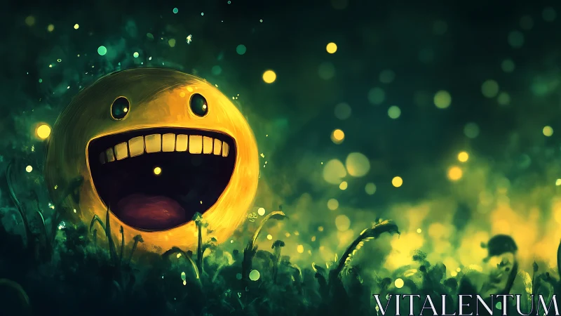 Glowing smiley face orb in surreal green forest night