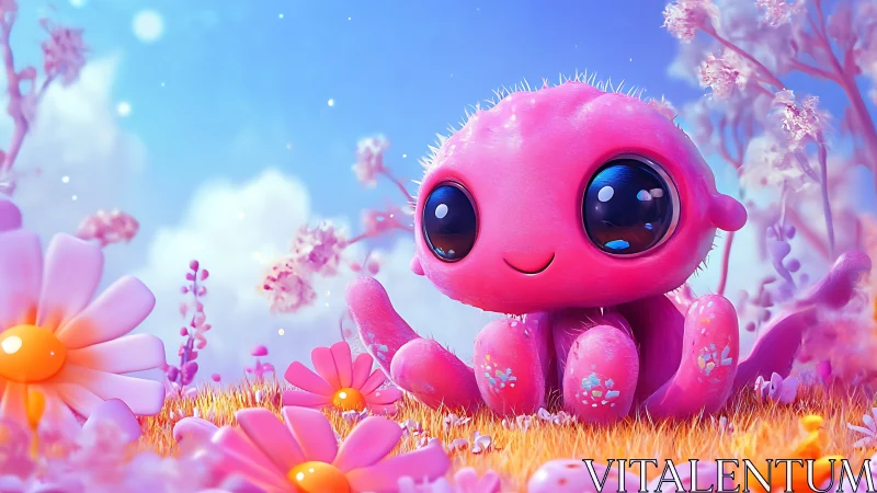 Cute pink octopus creature in bright fantasy meadow scene.