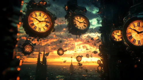Sundown gears and wandering clocks over a fractured skyline.