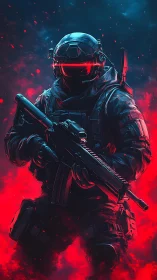 Neon-visor commando emerging from crimson battlefield haze.