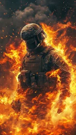 Fire-wreathed soldier strides through sparks like molten resolve