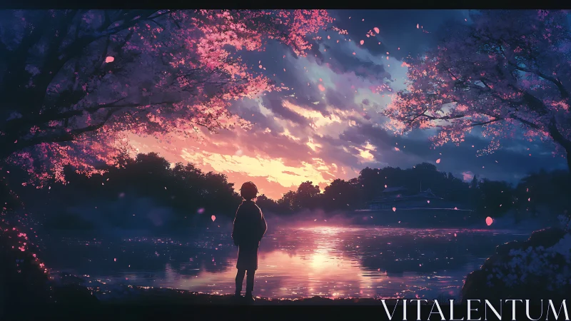 Twilight lake under cherry blossoms with solitary figure.