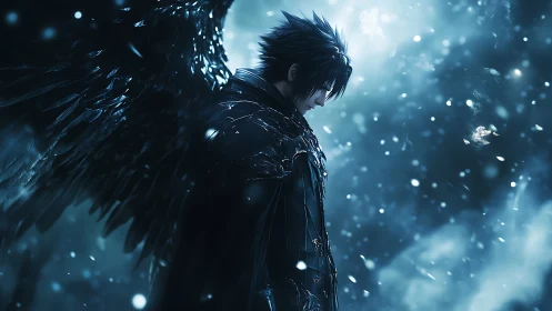 Fallen winged guardian pauses in a storm of soft starlight.