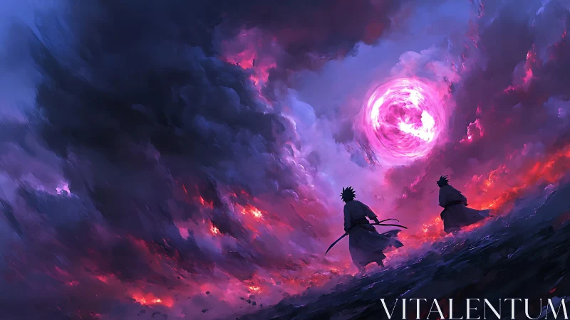 Two sword-wielding figures walk toward glowing vortex sky