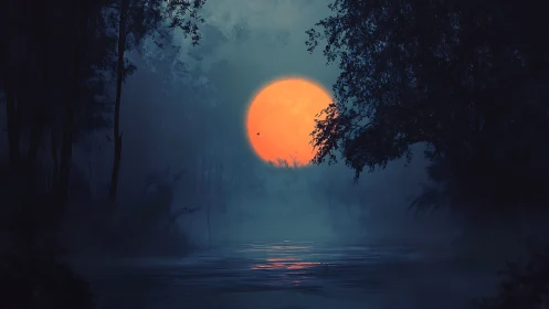 Large orange moon over misty forest river at twilight.