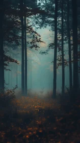 Misty forest with tall evergreen trees and layered atmospheric haze
