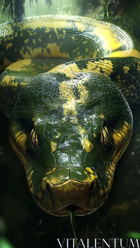 Giant green anaconda close-up in dense jungle light.