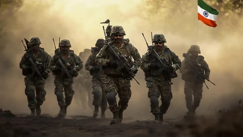 Dust-charged march of Indian soldiers under blazing resolve.