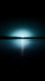 Midnight horizon awakens in icy teal lunar glow over sea.