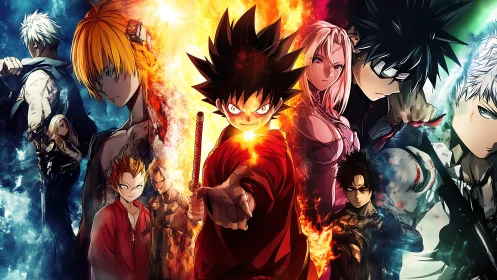 Fiery anime heroes gathered in a clash of color and willpower.