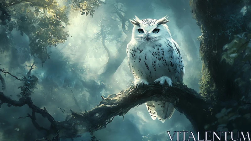 Majestic white owl perched in mystical forest, digital fantasy art.