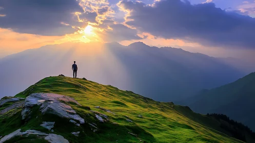 Lone dreamer crowned by sunrise above emerald ridgeline.