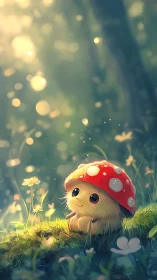 Gentle mushroom creature cuddles into a sunlit forest glade