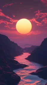 Digital river canyon at sunset with oversized glowing sun