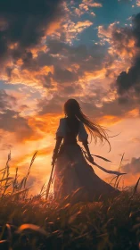Sword-bearing girl silhouette under blazing sunset sky.