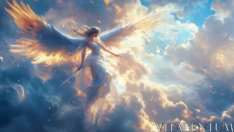 Seraphic warrior rises through radiant stormlit heavens.