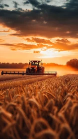Harvest combine cuts golden wheat under blazing sunset sky.