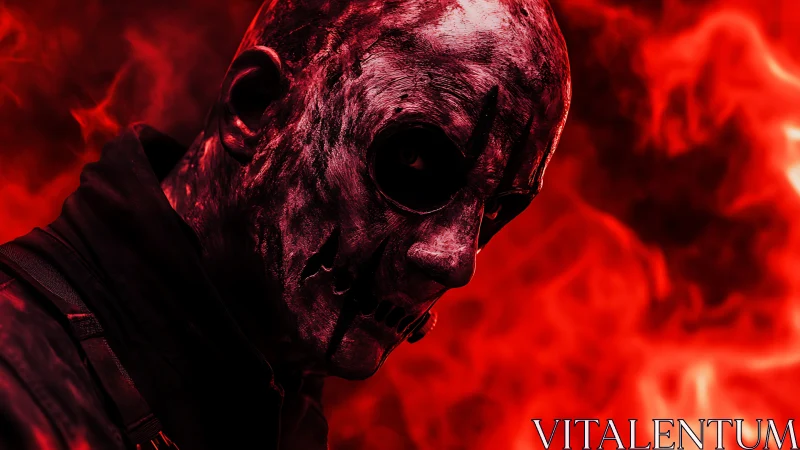 Burned skull-faced figure emerges from swirling red inferno