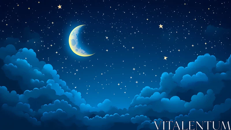 Crescent moon drifting above plush midnight cloud kingdoms.