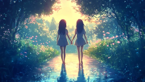 Backlit twin girls walking through luminous floral forest path