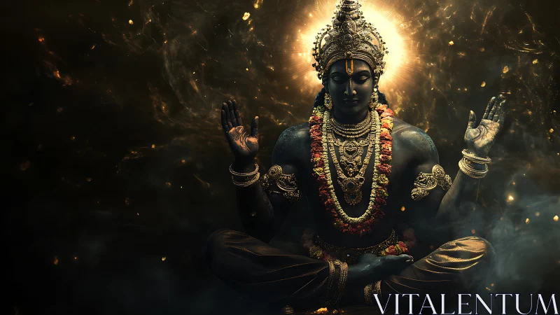 Divine blue deity in meditative pose with radiant halo.