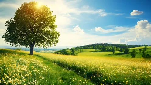 Single sunlit tree dominates rolling spring meadow under sky