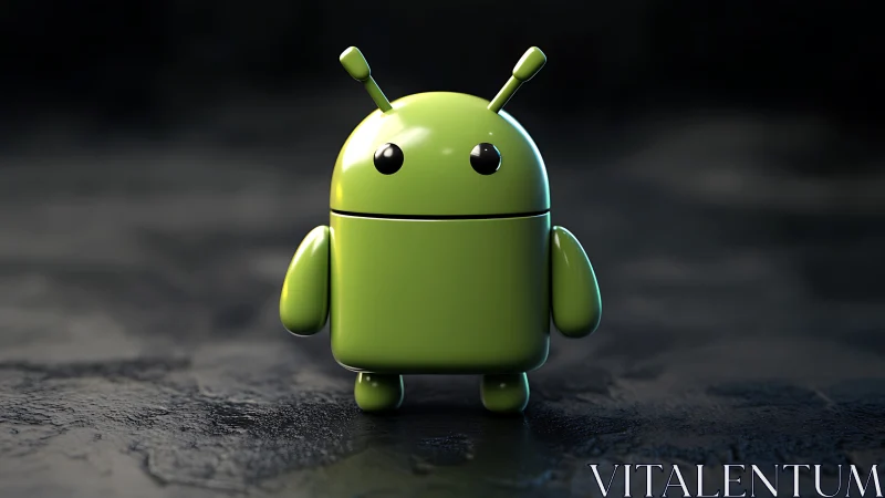 Glossy green robot mascot glows on moody studio floor.