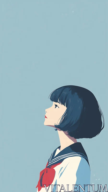 Side-profile schoolgirl illustration against pale blue sky.