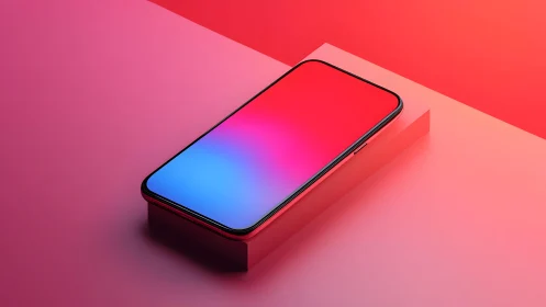 Modern smartphone with vibrant gradient screen on pink platform.