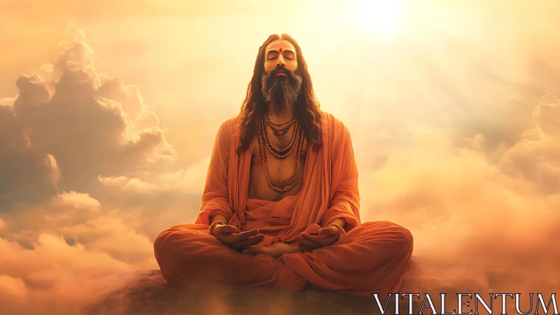 Enlightened yogi meditating in golden celestial light.