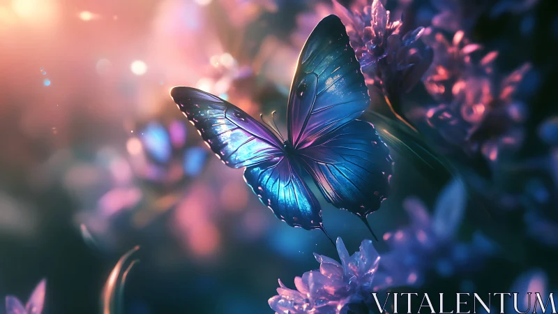 Luminous blue butterfly drifting through twilight blooms.