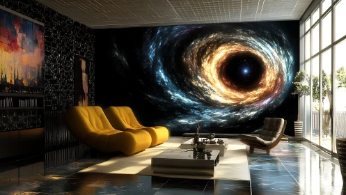 Cosmic vortex mural dominating a sunlit luxury lounge.