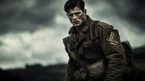 Battle-weary soldier stands beneath storm-laden skies.