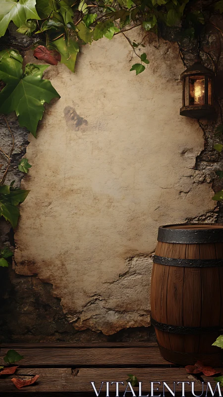 Weathered courtyard wall with ivy, lantern glow, rustic barrel.