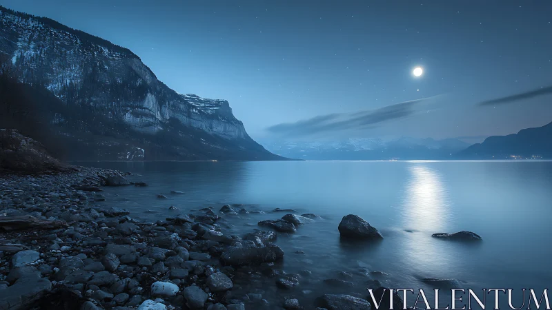 Nocturnal alpine lake shoreline with moonlit long exposure
