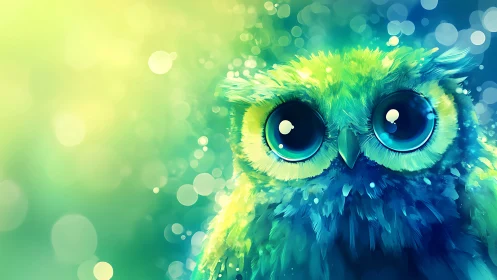Vibrant digital painting of a wide-eyed owl with glowing colors.