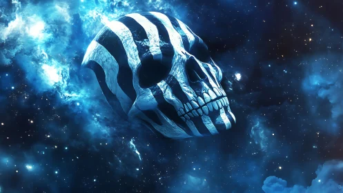 Striped astral skull drifting through ionized nebular void.